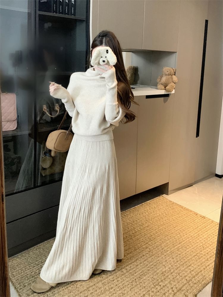 Turtleneck Drop Shoulder Sweater & Maxi Skirt Set