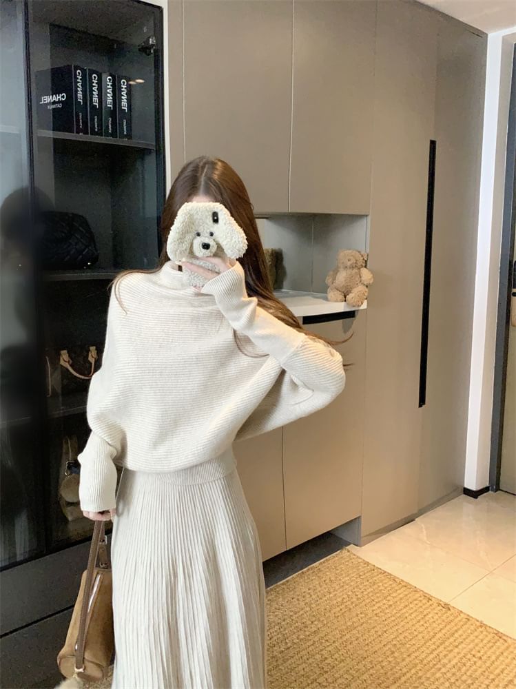 Turtleneck Drop Shoulder Sweater & Maxi Skirt Set