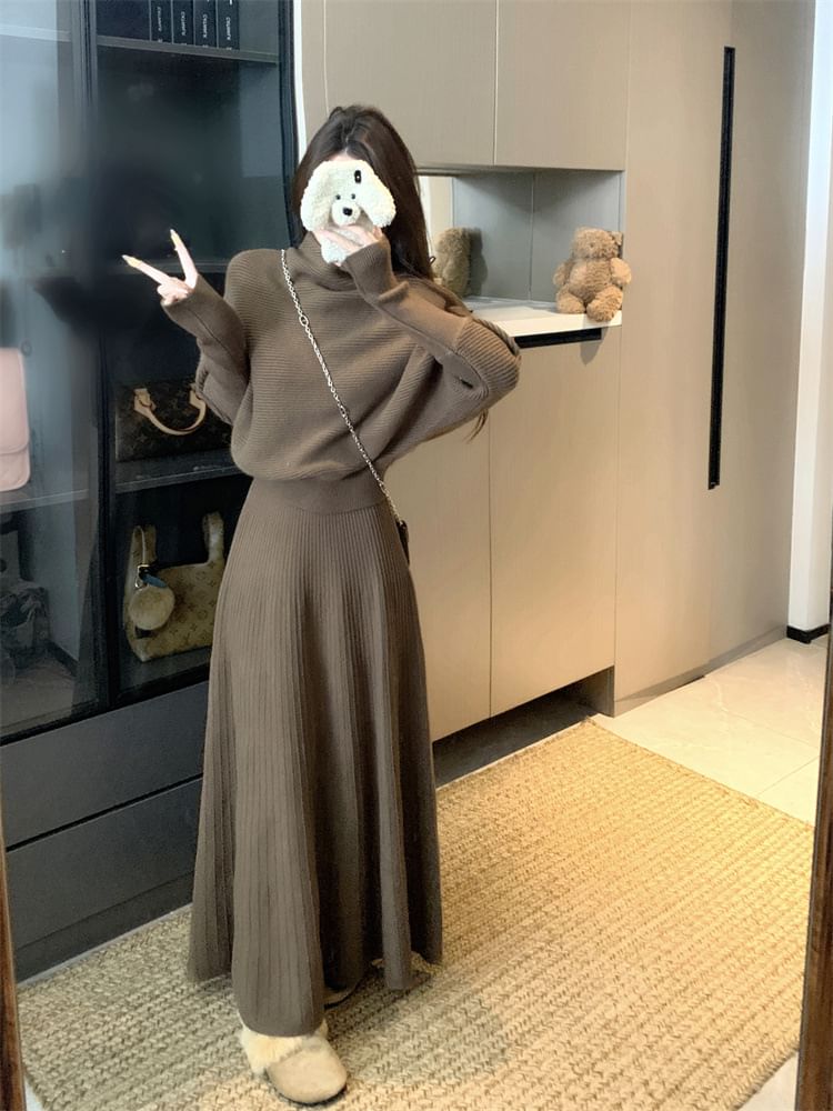 Turtleneck Drop Shoulder Sweater & Maxi Skirt Set