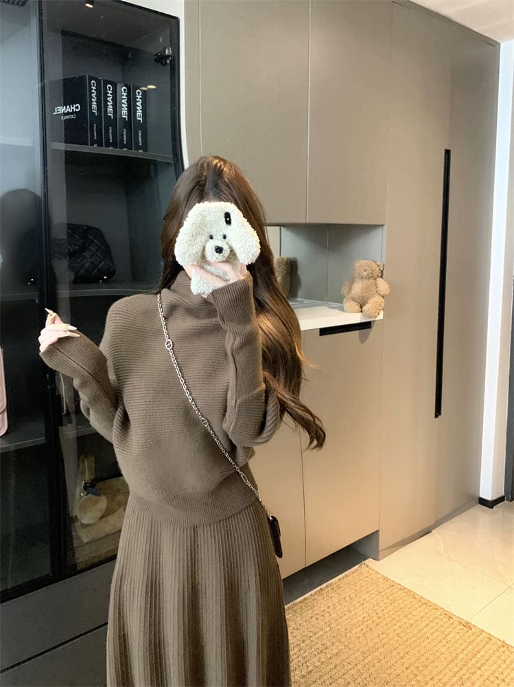 Turtleneck Drop Shoulder Sweater & Maxi Skirt Set