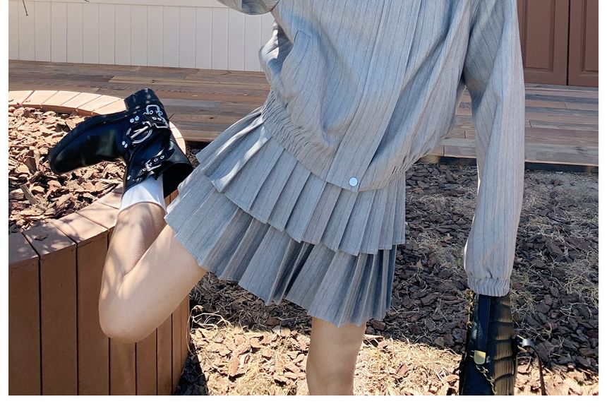 Contrast Collar Striped Zip Jacket and Tiered Pleated Mini Skirt Set