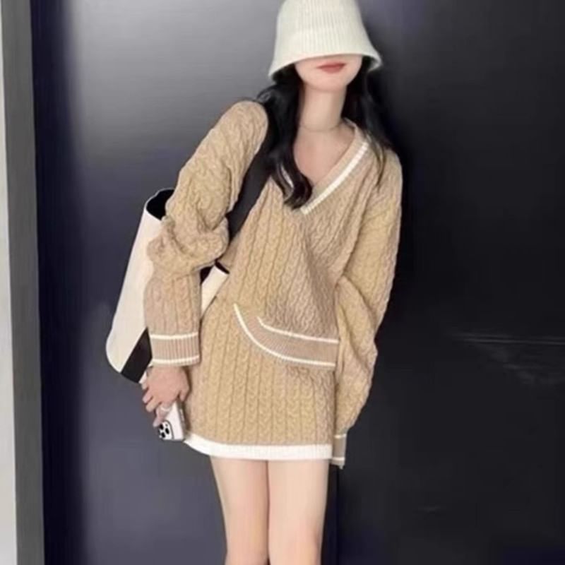Matching Set: Striped Cable Knit V-Neck Sweater & High-Waist Pencil Skirt