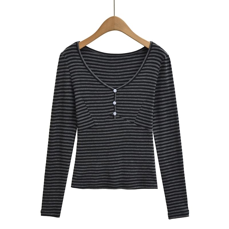 Striped Button-Front V-Neck Long-Sleeve Shirt