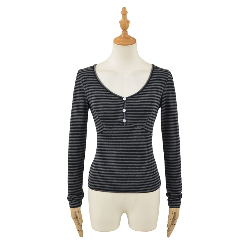 Striped Button-Front V-Neck Long-Sleeve Shirt