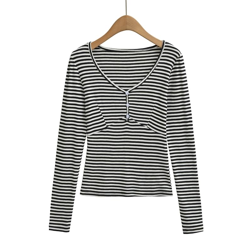 Striped Button-Front V-Neck Long-Sleeve Shirt