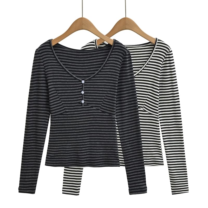 Striped Button-Front V-Neck Long-Sleeve Shirt