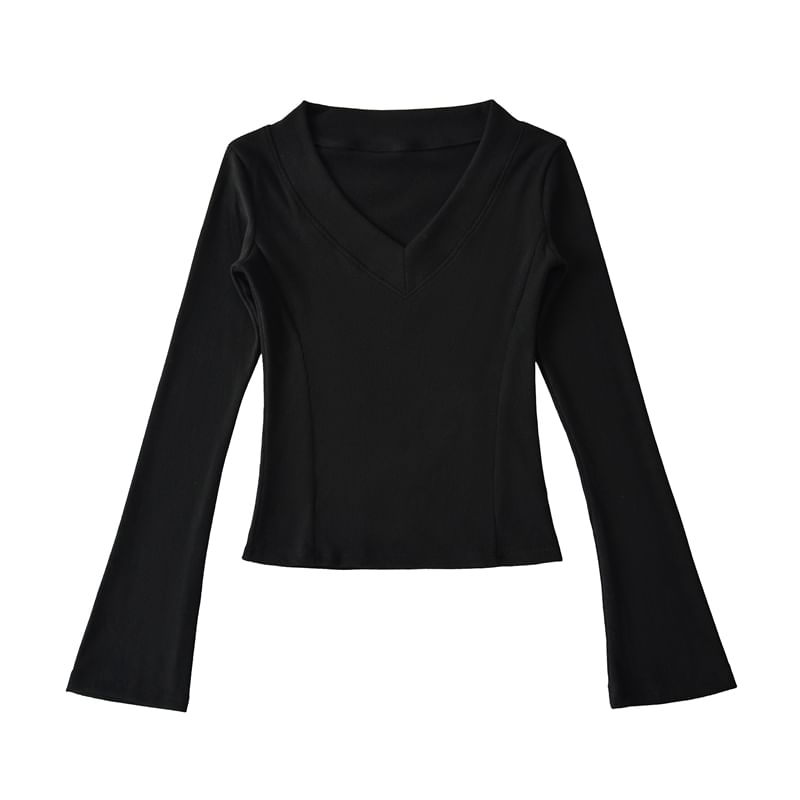 Classic V-Neck Long-Sleeve Solid Tee with Relaxed Fit