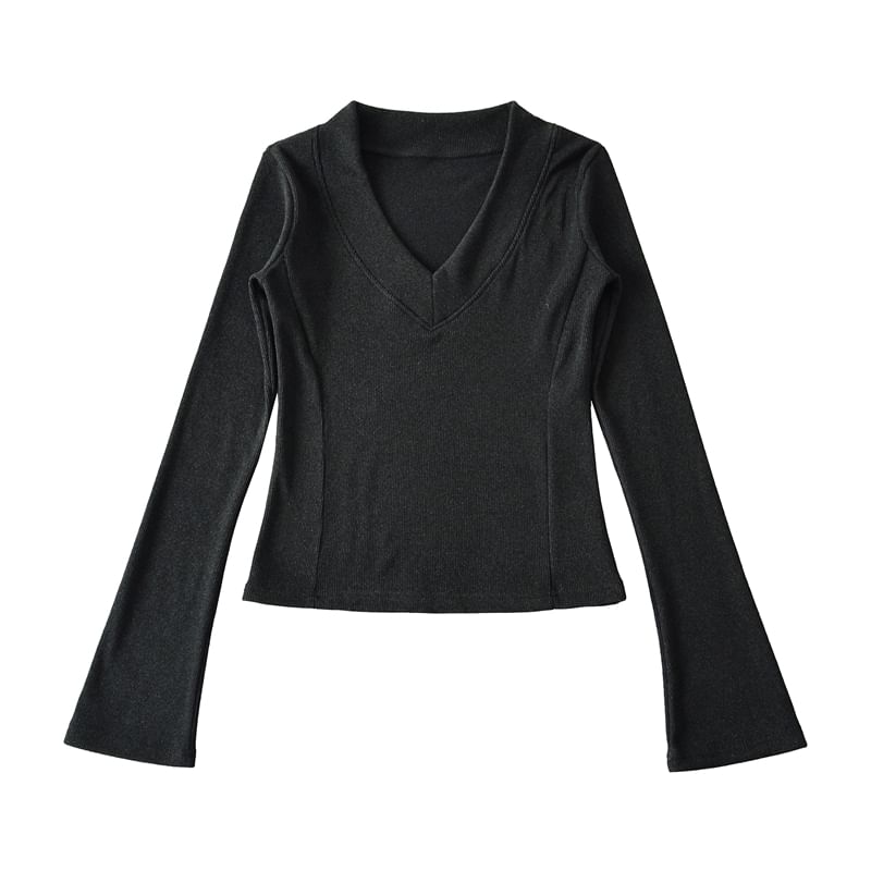 Classic V-Neck Long-Sleeve Solid Tee with Relaxed Fit