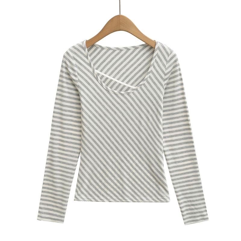 Striped Crew Neck Long-Sleeve Knit Tee with Scoop Collar