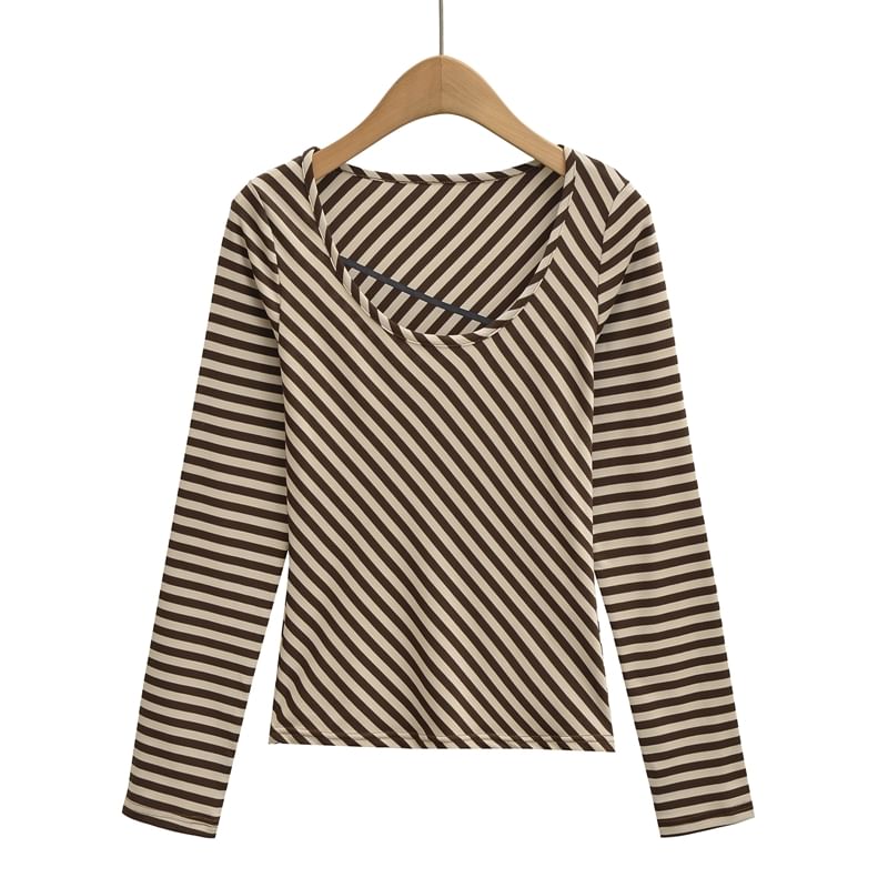 Striped Crew Neck Long-Sleeve Knit Tee with Scoop Collar