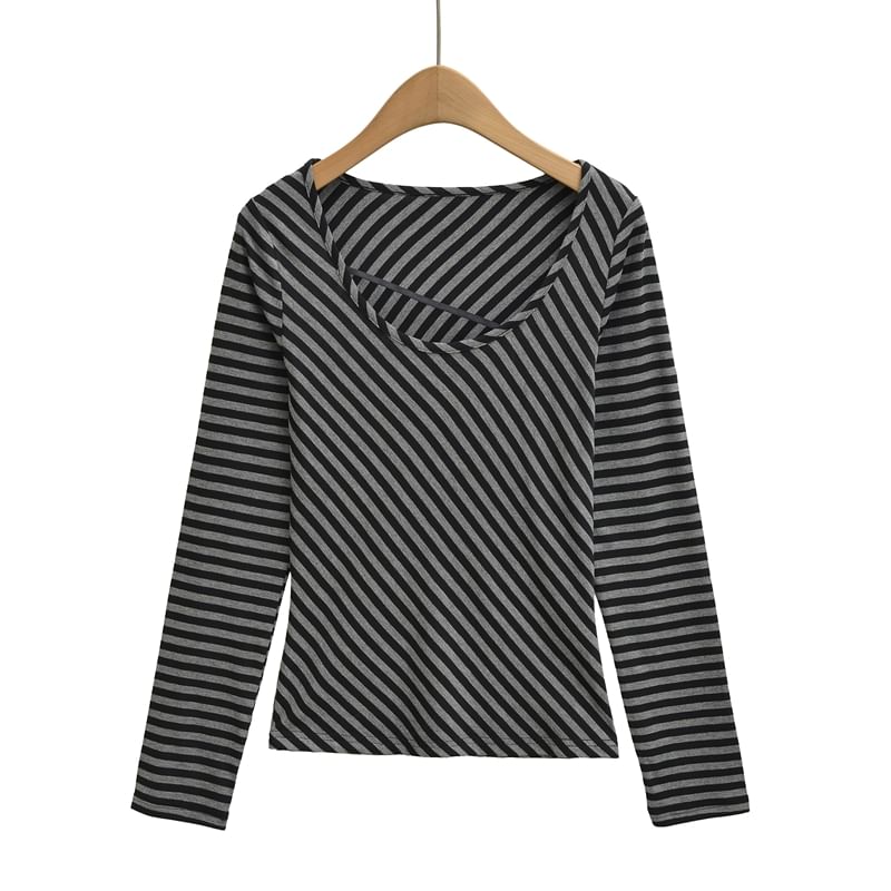 Striped Crew Neck Long-Sleeve Knit Tee with Scoop Collar