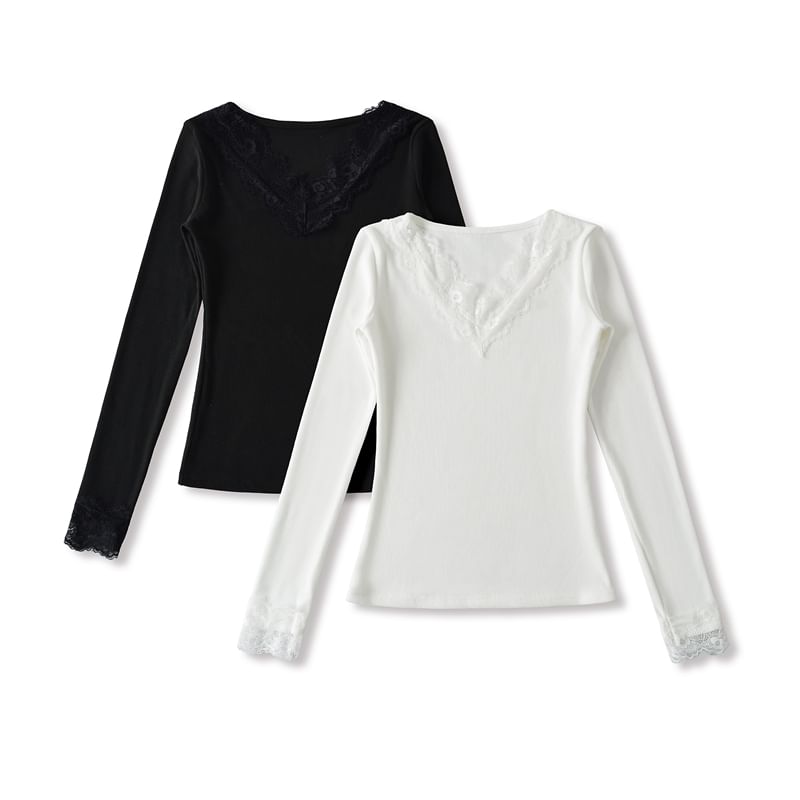 Lace Panel V-Neck Long-Sleeve Blouse with Sheer Insets