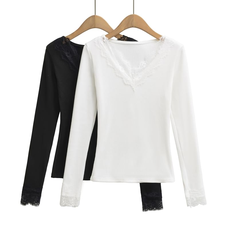 Lace Panel V-Neck Long-Sleeve Blouse with Sheer Insets