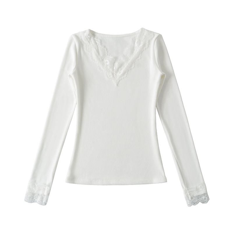 Lace Panel V-Neck Long-Sleeve Blouse with Sheer Insets