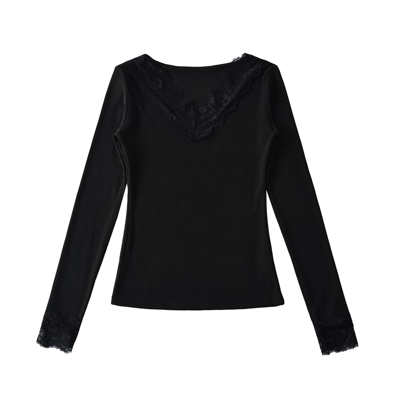 Lace Panel V-Neck Long-Sleeve Blouse with Sheer Insets