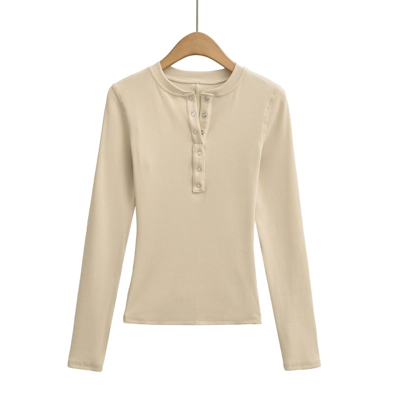 Henley Neck Plain Long-Sleeve Knit Tee with Button Placket