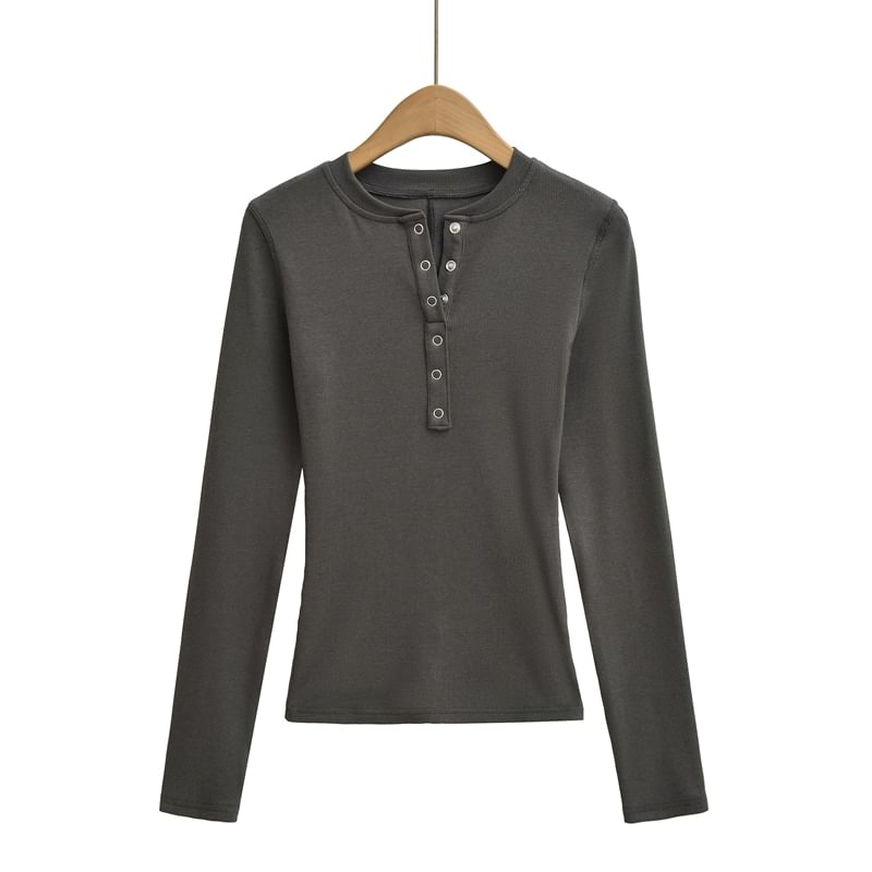Henley Neck Plain Long-Sleeve Knit Tee with Button Placket