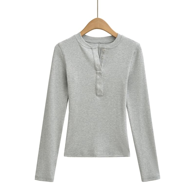 Henley Neck Plain Long-Sleeve Knit Tee with Button Placket