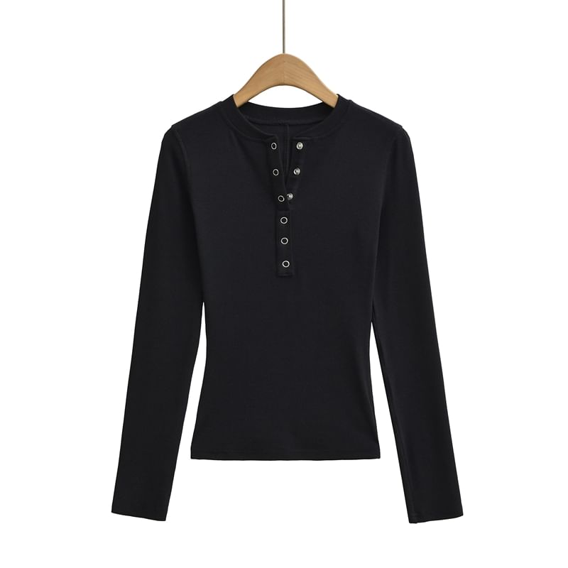 Henley Neck Plain Long-Sleeve Knit Tee with Button Placket