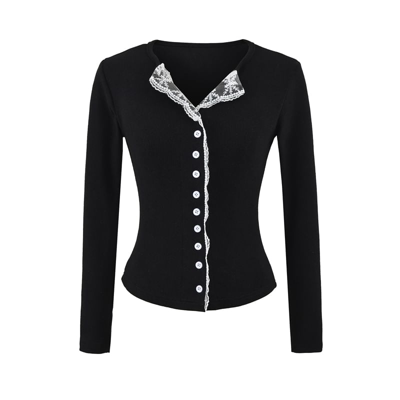 Open Placket Lace-Trimmed Long-Sleeve Blouse with Buttons