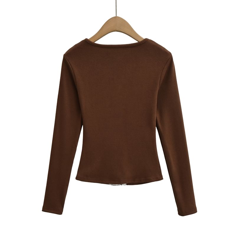 Open Placket Lace-Trimmed Long-Sleeve Blouse with Buttons