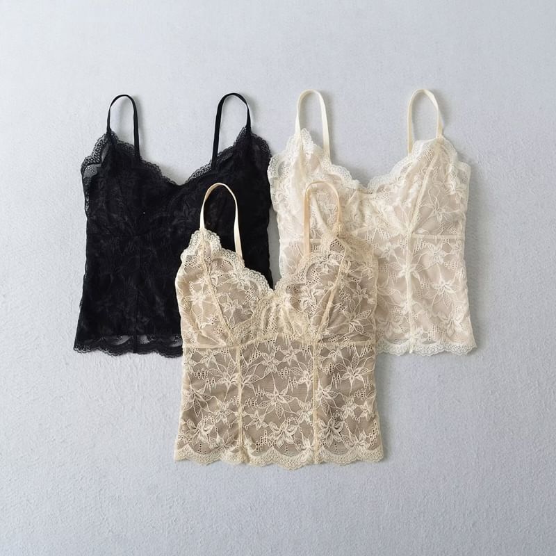 Padded Lace Overlay V-Neck Cami with Plunge Detail