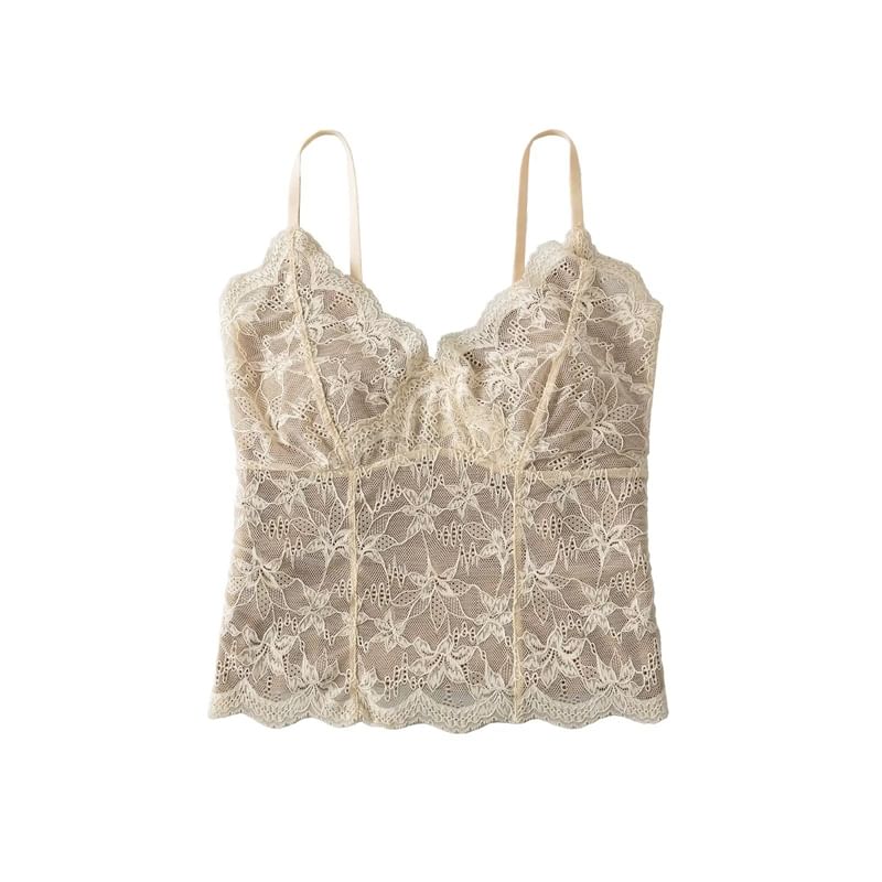 Padded Lace Overlay V-Neck Cami with Plunge Detail