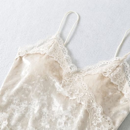 Velvet Lace-Trimmed Deep V-Neck Cami Blouse
