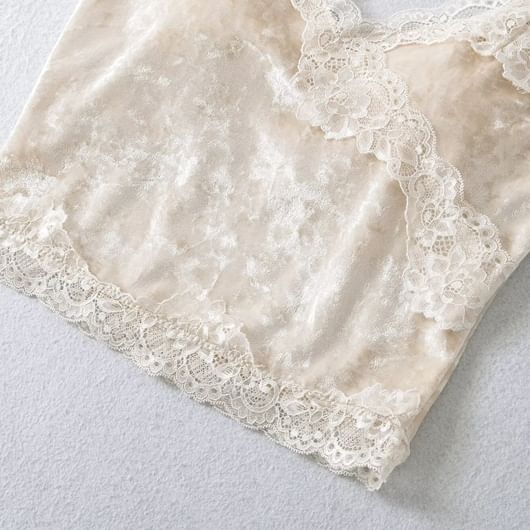 Velvet Lace-Trimmed Deep V-Neck Cami Blouse