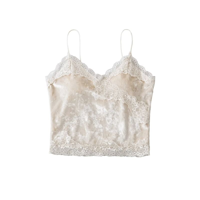 Velvet Lace-Trimmed Deep V-Neck Cami Blouse