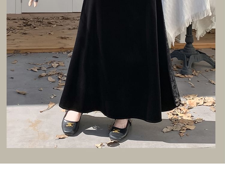 High-Waist Velvet Lace Panel Maxi Skirt