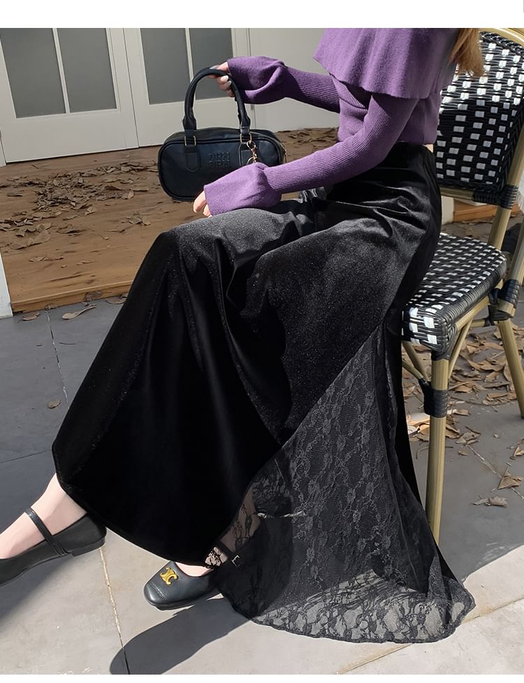 High-Waist Velvet Lace Panel Maxi Skirt