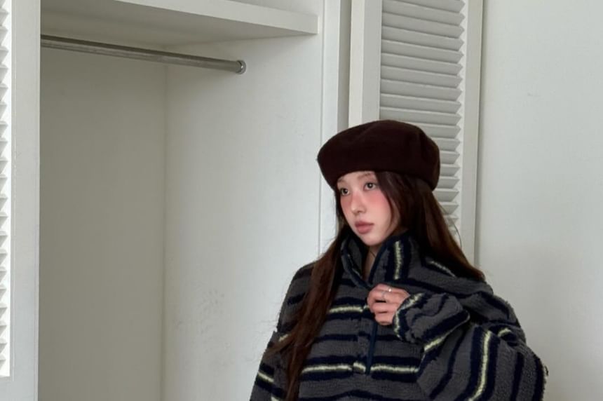 Collared Striped Fleece Sweatshirt with Button Front