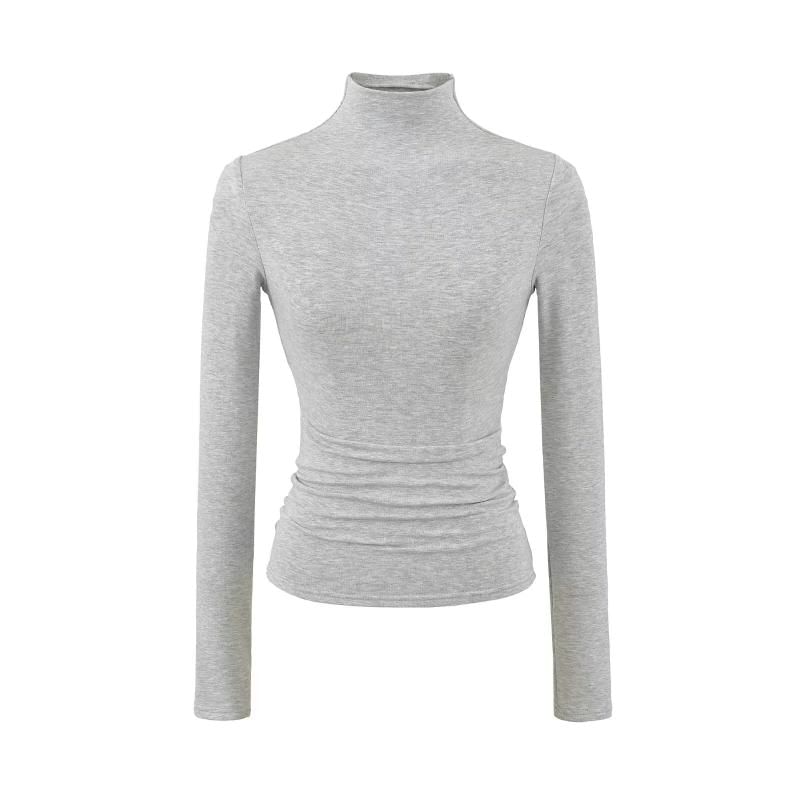 Mock Neck Long-Sleeve Solid Knit Tee with Ribbed Texture
