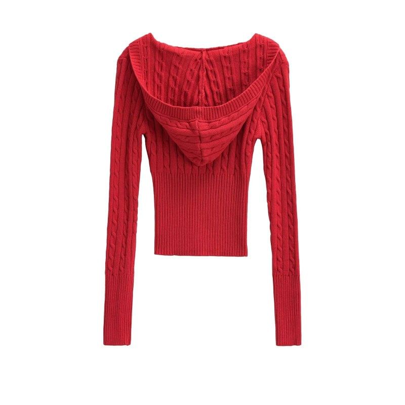 V-Neck Cable Knit Crop Sweater with Long Sleeves