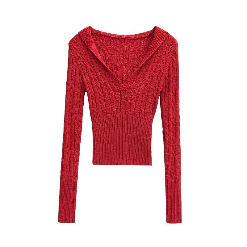 V-Neck Cable Knit Crop Sweater with Long Sleeves