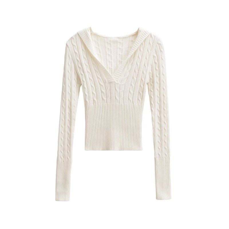 V-Neck Cable Knit Crop Sweater with Long Sleeves
