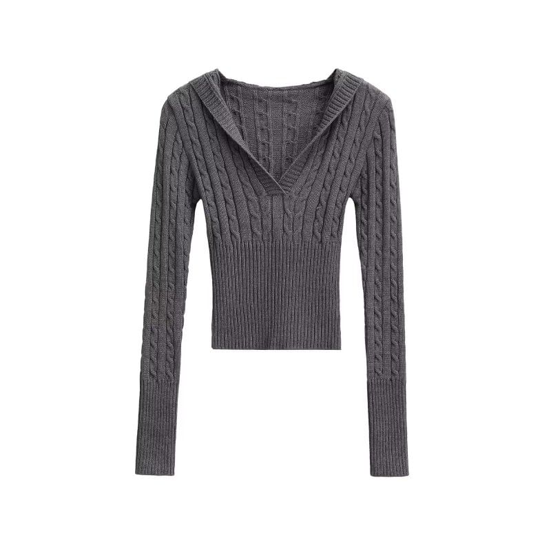 V-Neck Cable Knit Crop Sweater with Long Sleeves