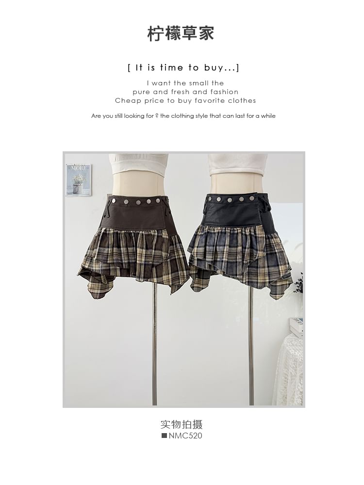 Plaid Studded High Waist Asymmetrical Mini Skirt