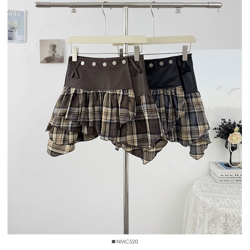 Plaid Studded High Waist Asymmetrical Mini Skirt