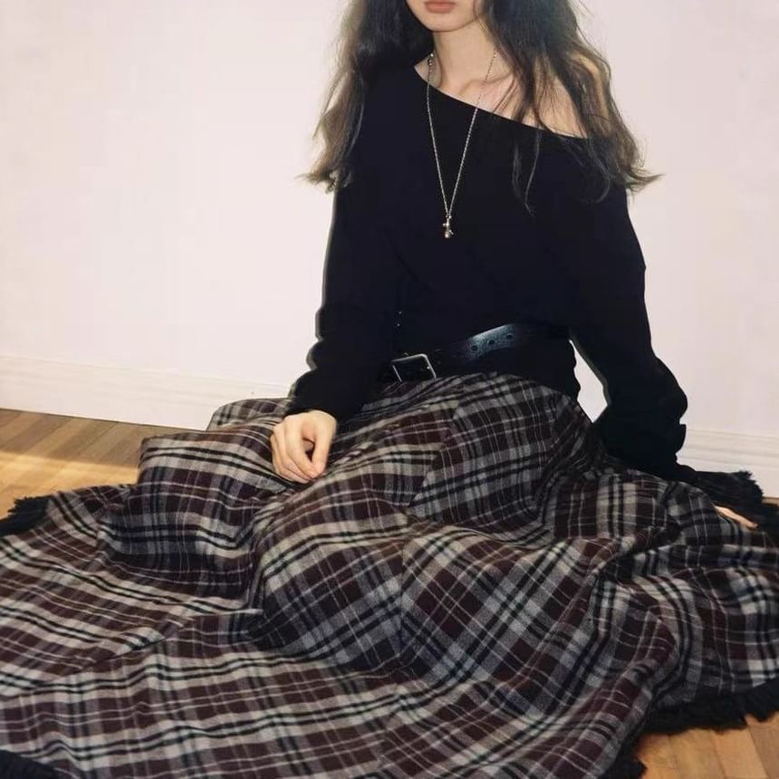 Plaid Asymmetrical Fringed A-Line Skirt