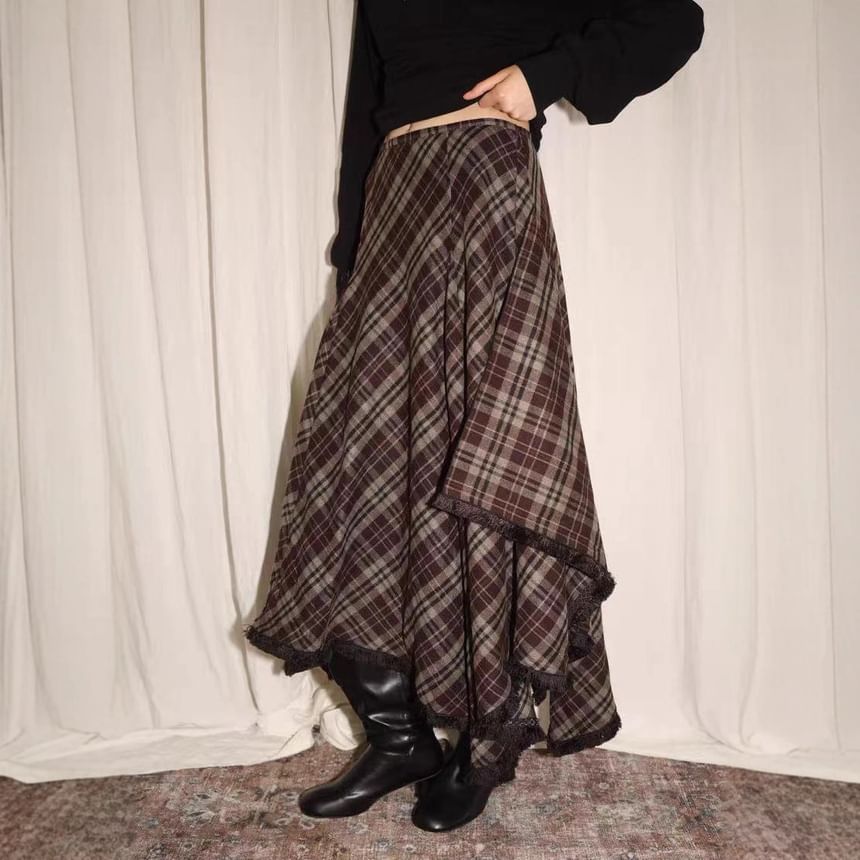 Plaid Asymmetrical Fringed A-Line Skirt