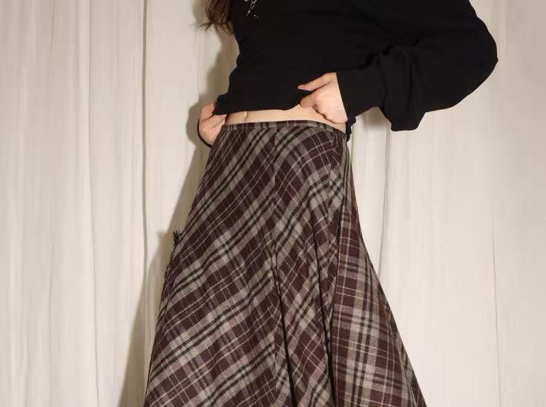 Plaid Asymmetrical Fringed A-Line Skirt