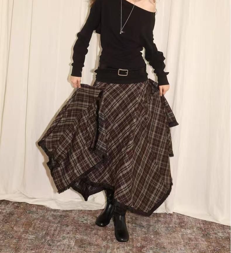 Plaid Asymmetrical Fringed A-Line Skirt