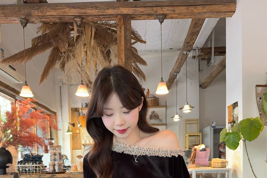 One-Shoulder Velvet Blouse & Tiered Midi Skirt Set