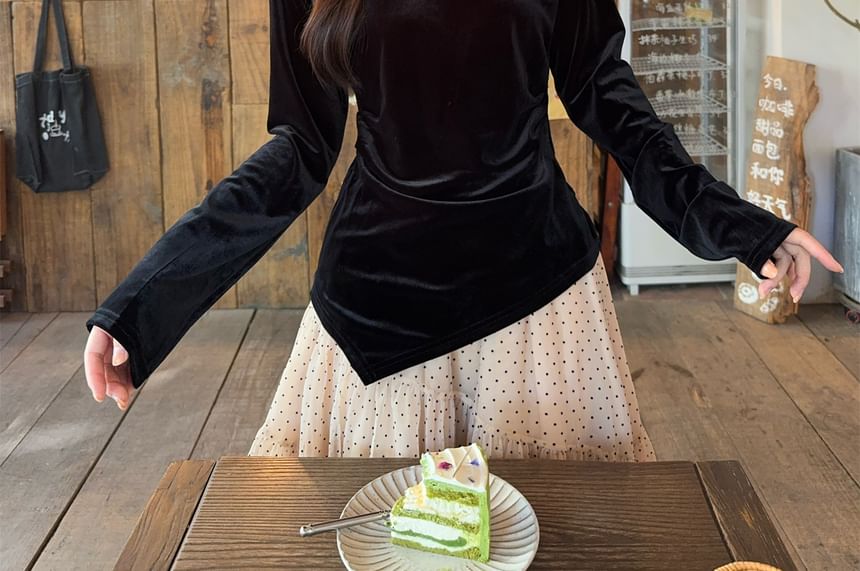 One-Shoulder Velvet Blouse & Tiered Midi Skirt Set