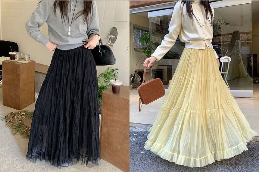 High-Waist Tiered Mesh Maxi Skirt