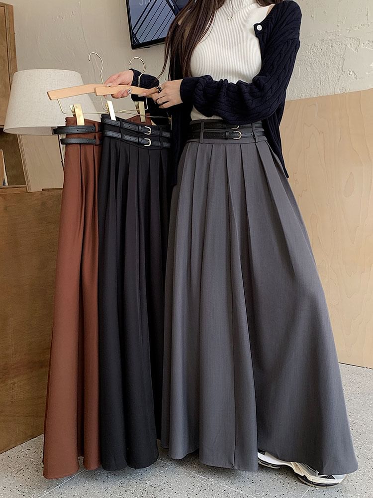 Mid-Waist Pleated Midi A-Line Skirt