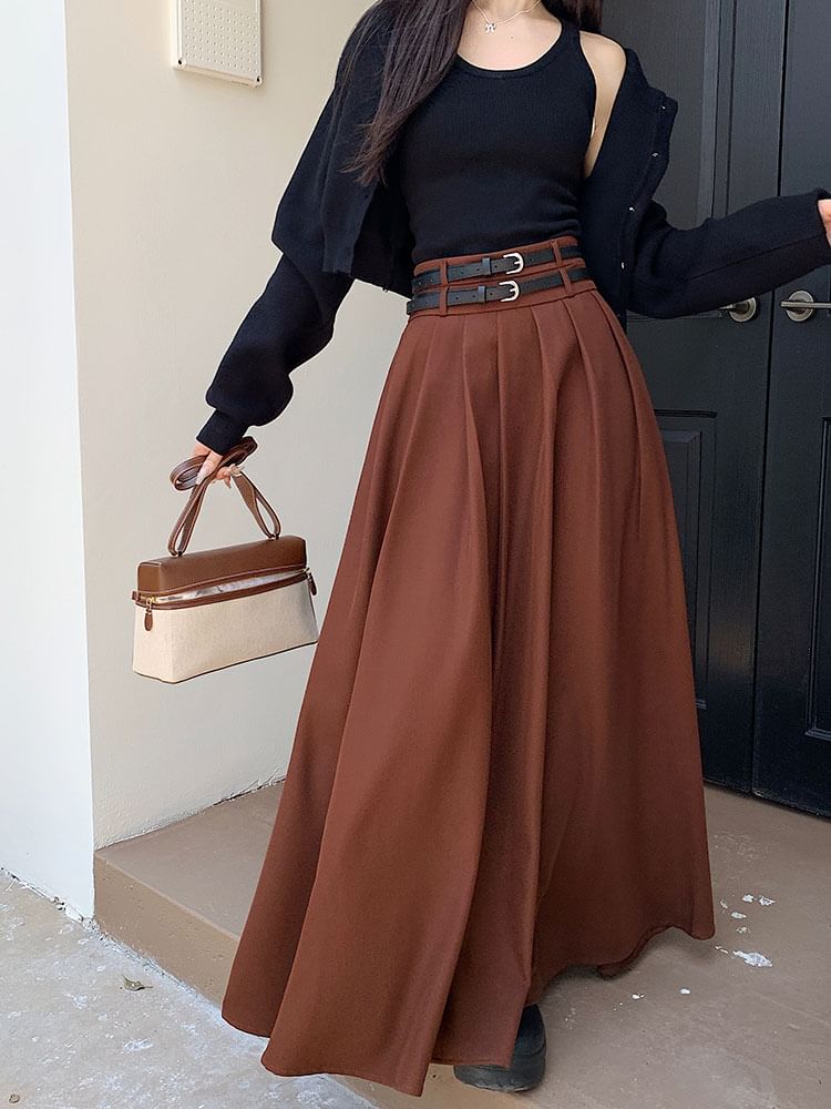 Mid-Waist Pleated Midi A-Line Skirt