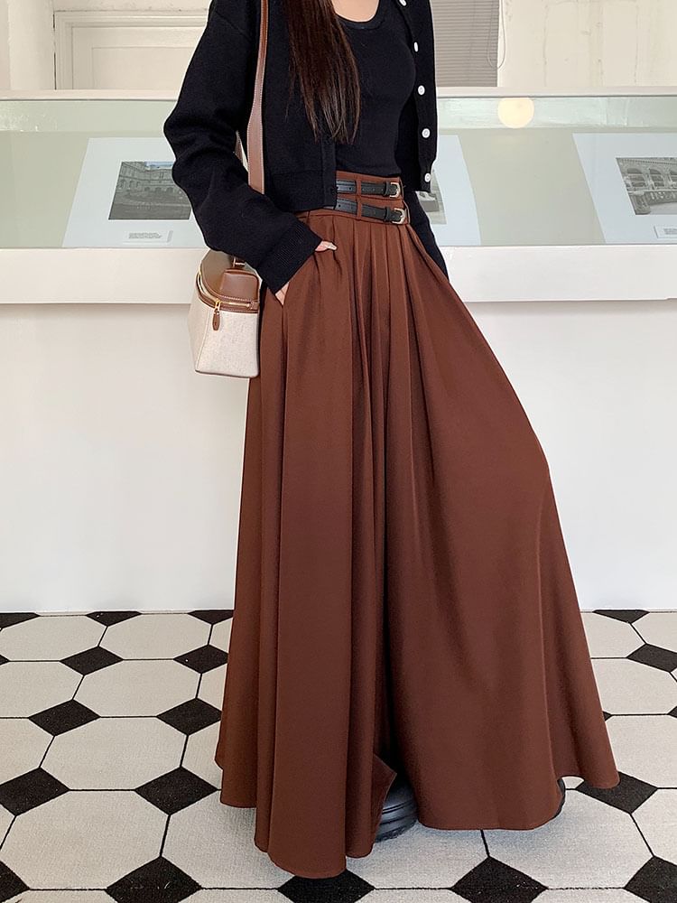 Mid-Waist Pleated Midi A-Line Skirt